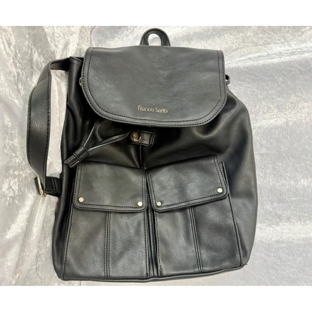 Franco Sarto Joslyn Black Vegan Leather Drawstring Backpack Gold Hardware Bag